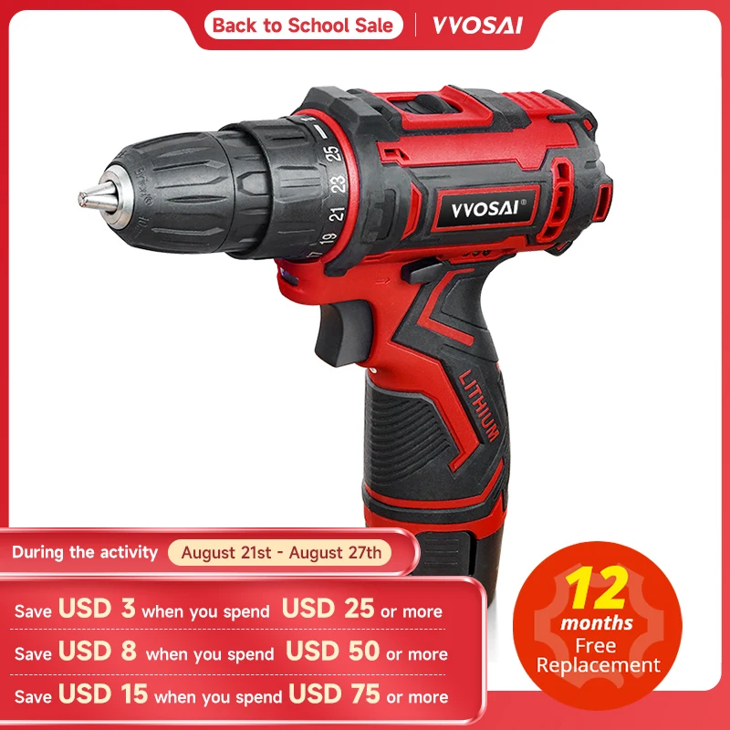 VVOSAI 12V Max Electric Screwdriver Cordless Drill Mini Wireless Power Driver DC Lithium-Ion Battery 3/8-Inch 2-Speed