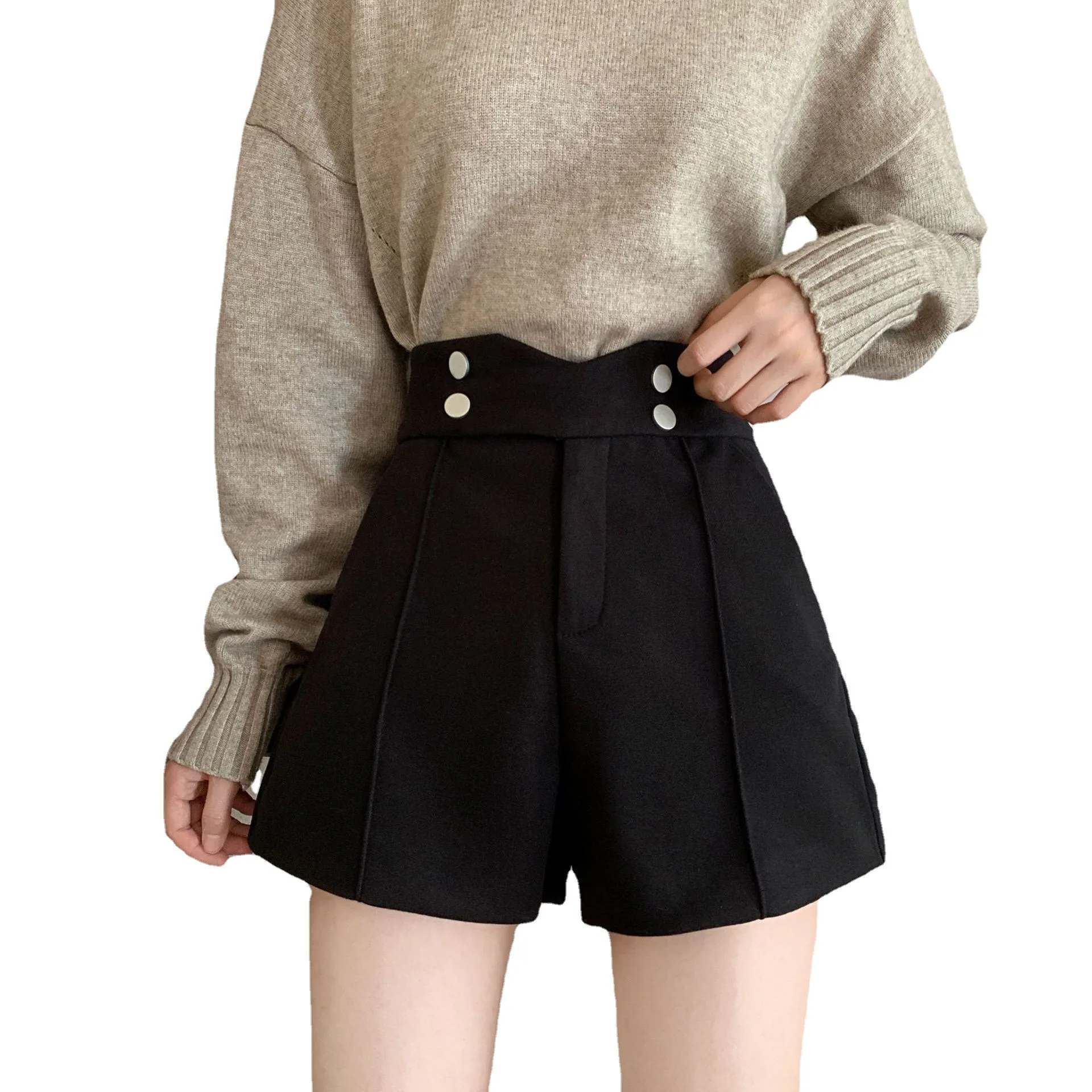 2023 Summer Solid Color High Waist Wide Leg Shorts Wear Boots Booty Shorts Winter Woolen Houndstooth Shorts for Women Culottes