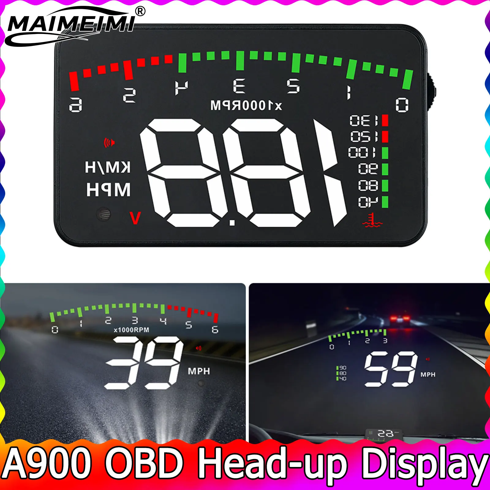 

A900 OBD HUD Проекционный Дисплей Автомобильный Проектор На Лобовом Стекле Со Спидометром Тахометр 12 В Км/ч Км/ч Для Предупр...