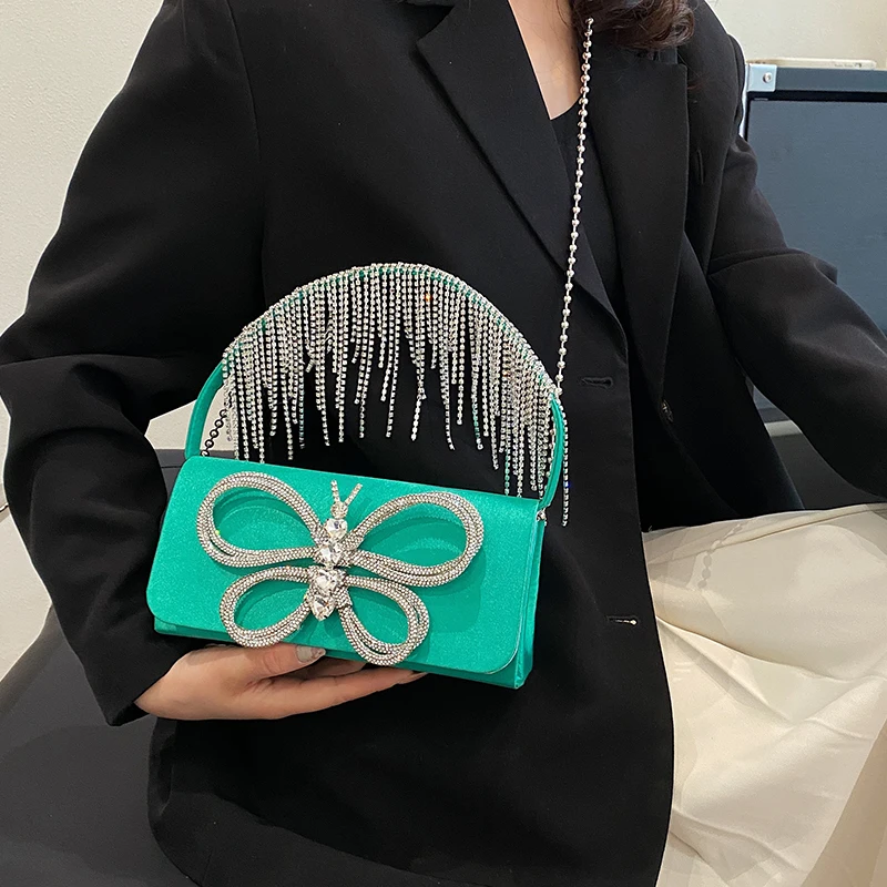 

Vintage Satin Rhinestone Tassels Evening Bags Shoulder Crossbody Bags Women Handbags and Purses 2023 New Design Messenger Bags
