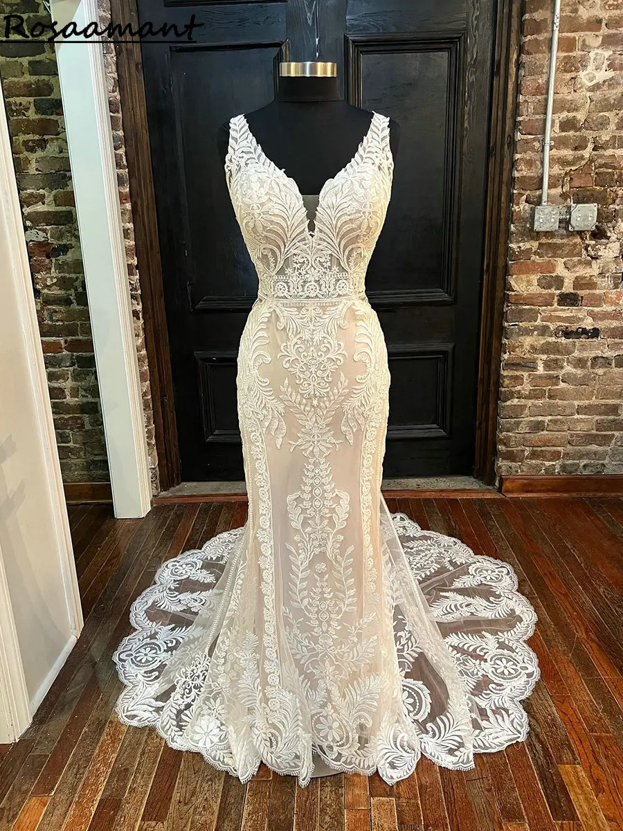 

Real Image V-Neck Open Back Mermaid Wedding Dresses Champagne Illusion Sleeveless Appliques Lace Country Bridal Gowns