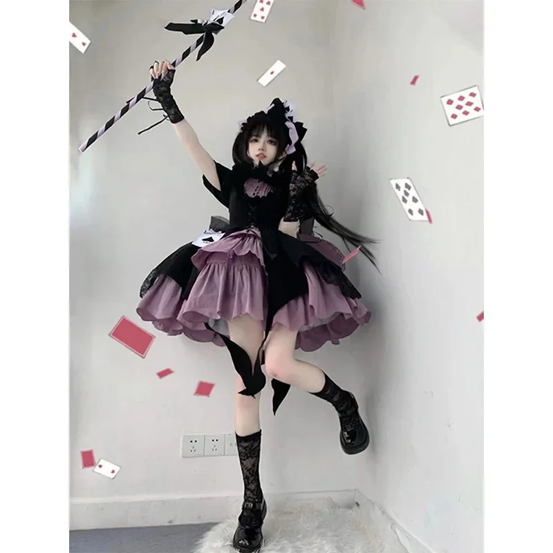Японское черно-фиолетовое платье с бантом для девочки принцессы Sweet Kawaii лолиты