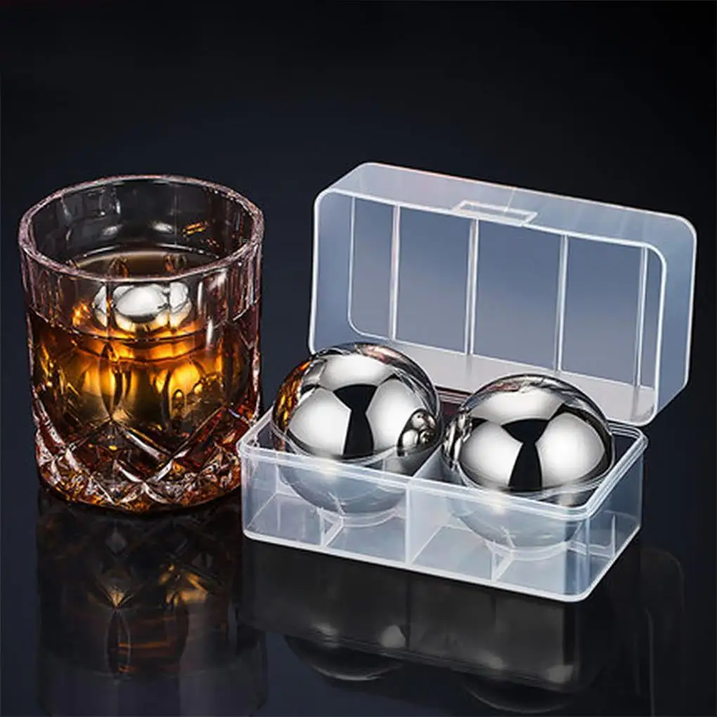 2 PCS Stainless Steel Round Ball Whiskey Cooling Cubes Vodka Stone Ice Cubes With Plastic Case Tongs Drinks Cooler Beer