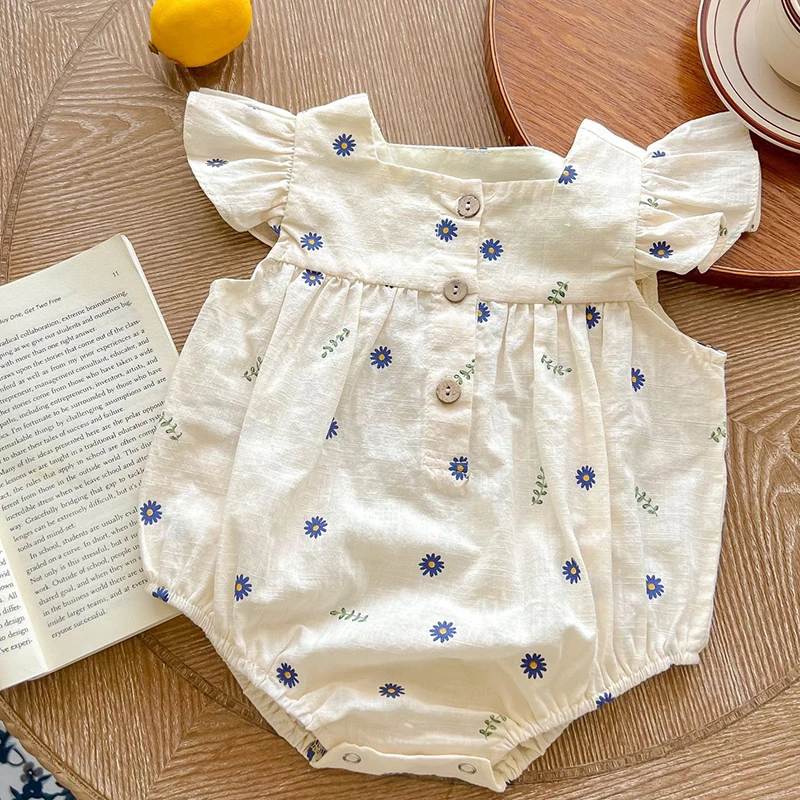 Toddler Baby Girl Bodysuits Flying Sleeve Cotton Floral Printing Newborn Baby Girls Jumpsuit Baby Girls Clothes For Summer