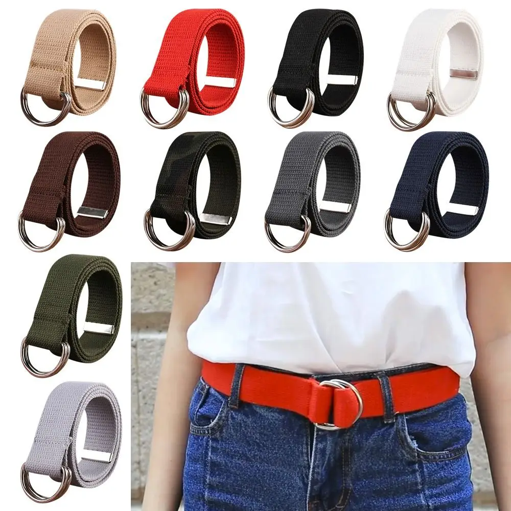 Fashion Simple Casual Versatile Weave Waist Band Canvas Strap Nylon Braided Belt Double Ring Waistband