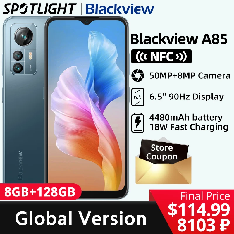 【World Premiere】 Blackview A85 Global Version 8GB 128GB 6.5'' HD+ 90Hz Display 50MP Camera 4480 mAh Battery NFC Smartphone