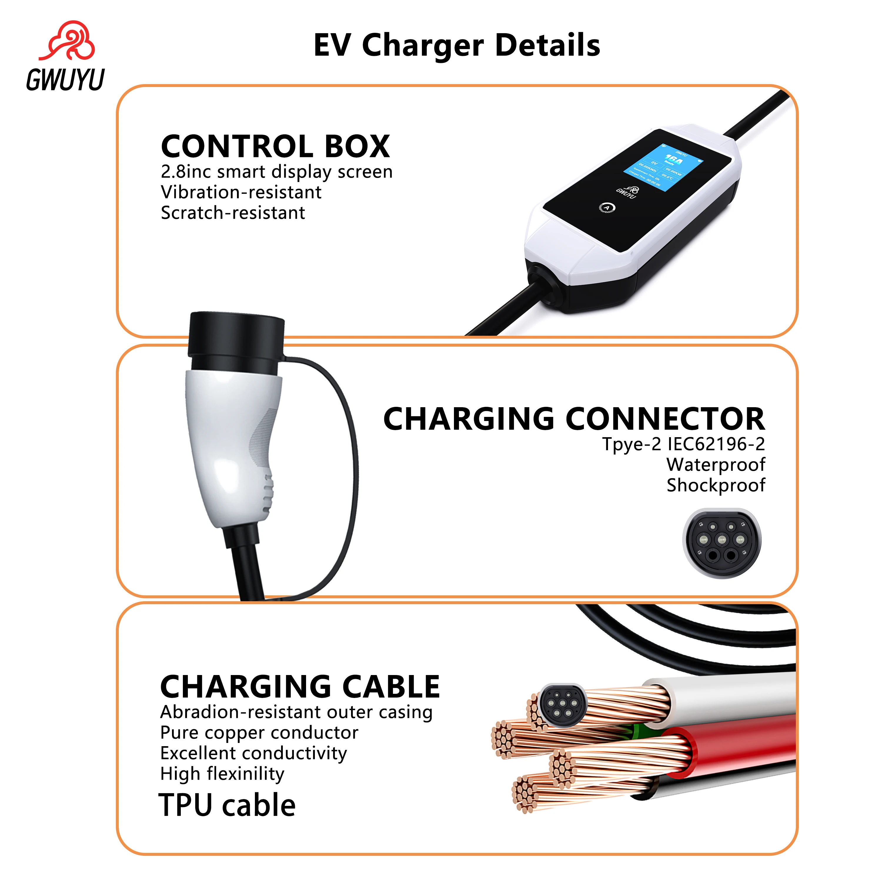 Портативное зарядное устройство EV 32A 7 кВт 5 м кабель типа 1 ГБ/T зарядная станция