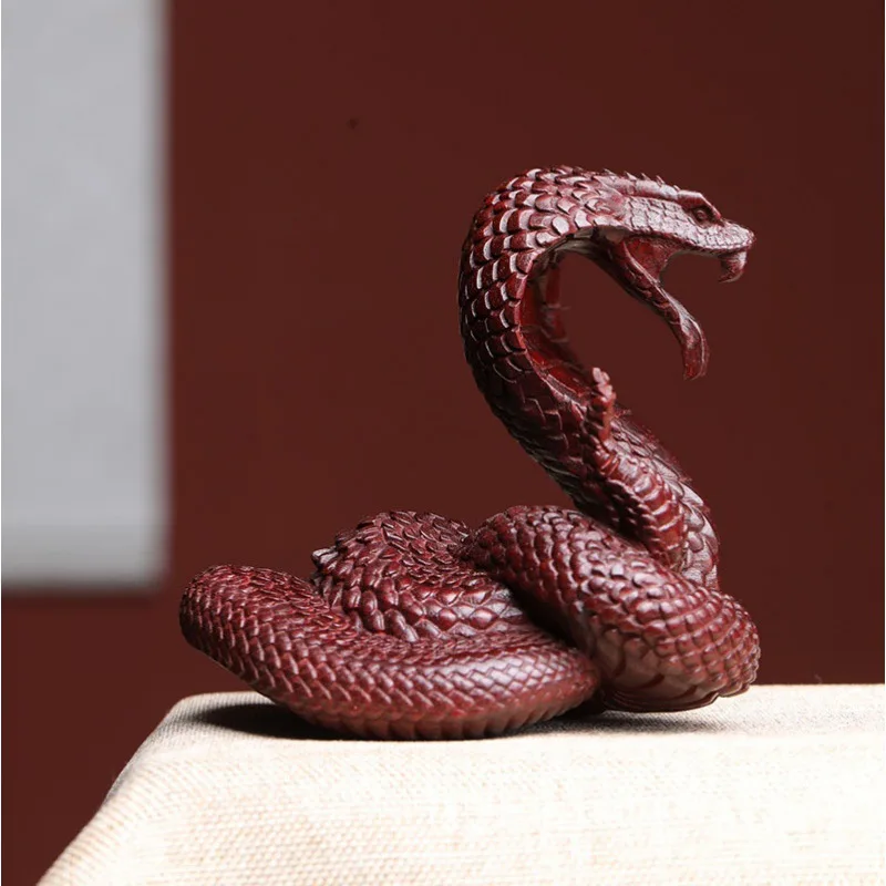 Small Leaf Rosewood Wood Carving Auspicious Zodiac Snake Ornament Home Decoration Year Figures Collectibles Funny Gifts