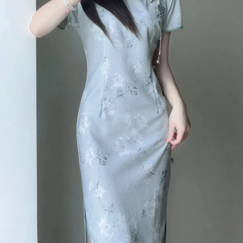 Женское платье-Ципао с коротким рукавом и воротником-стойкой в китайском стиле