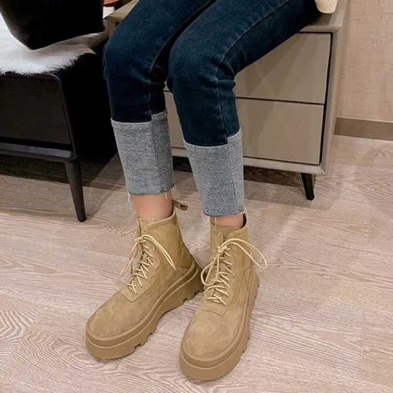 

Chelsea Boots Chunky Boots Women Spring and Fall Shoes Cow Suede Ankle Boots Black Female Autumn Fashion Platform Booties New