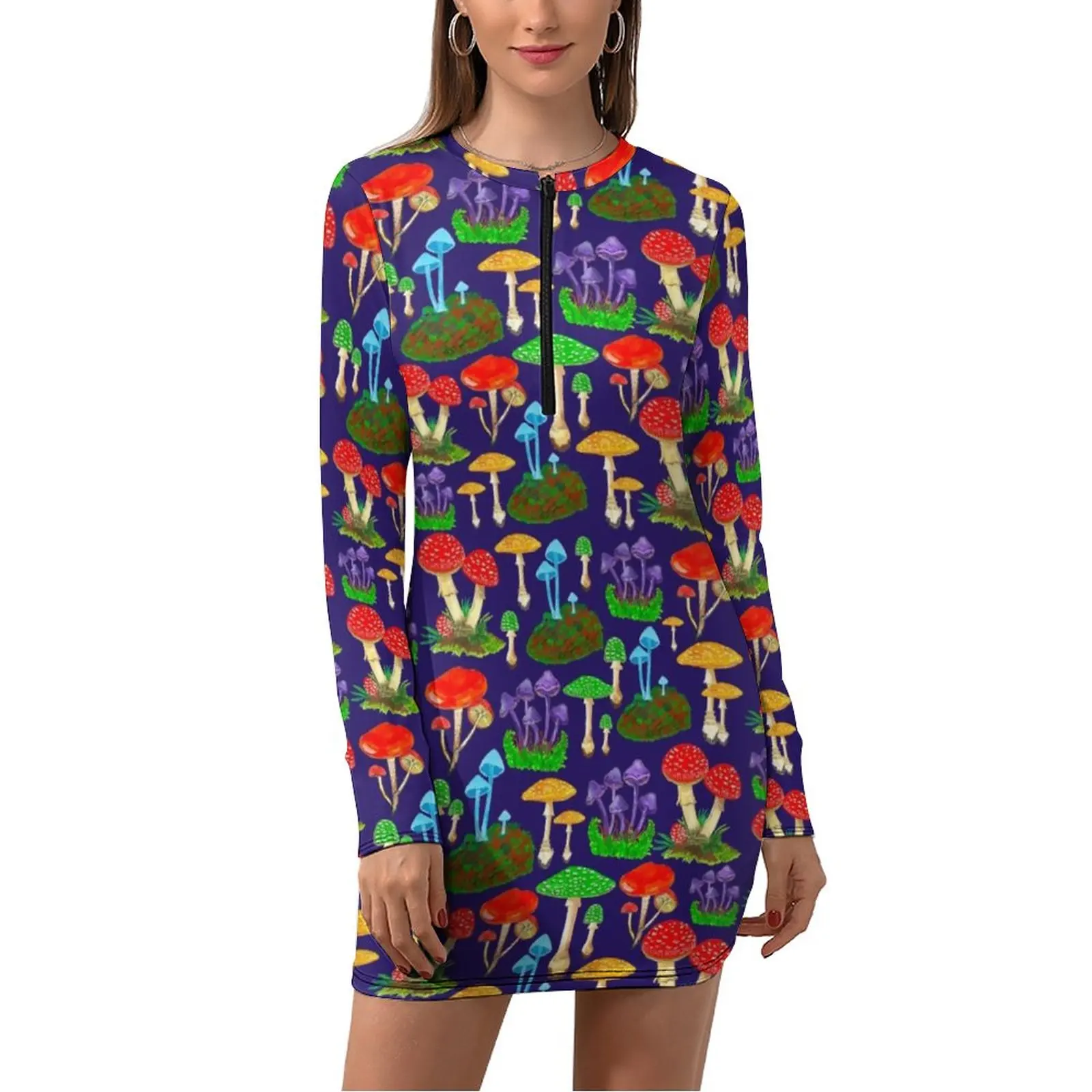

Mushroom Foray Dress Long Sleeve Colorful Mushrooms Kawaii Dresses Autumn Women Simple Print Bodycon Dress Big Size