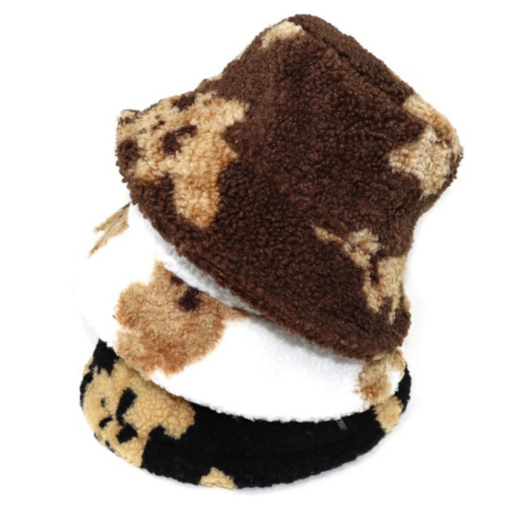 Fashion Thick Warm Winter Spring Bucket Hats Fuzzy Bear Thermal Adjustable Winter Hat Leopard Fishing Hat For Lady Men Women