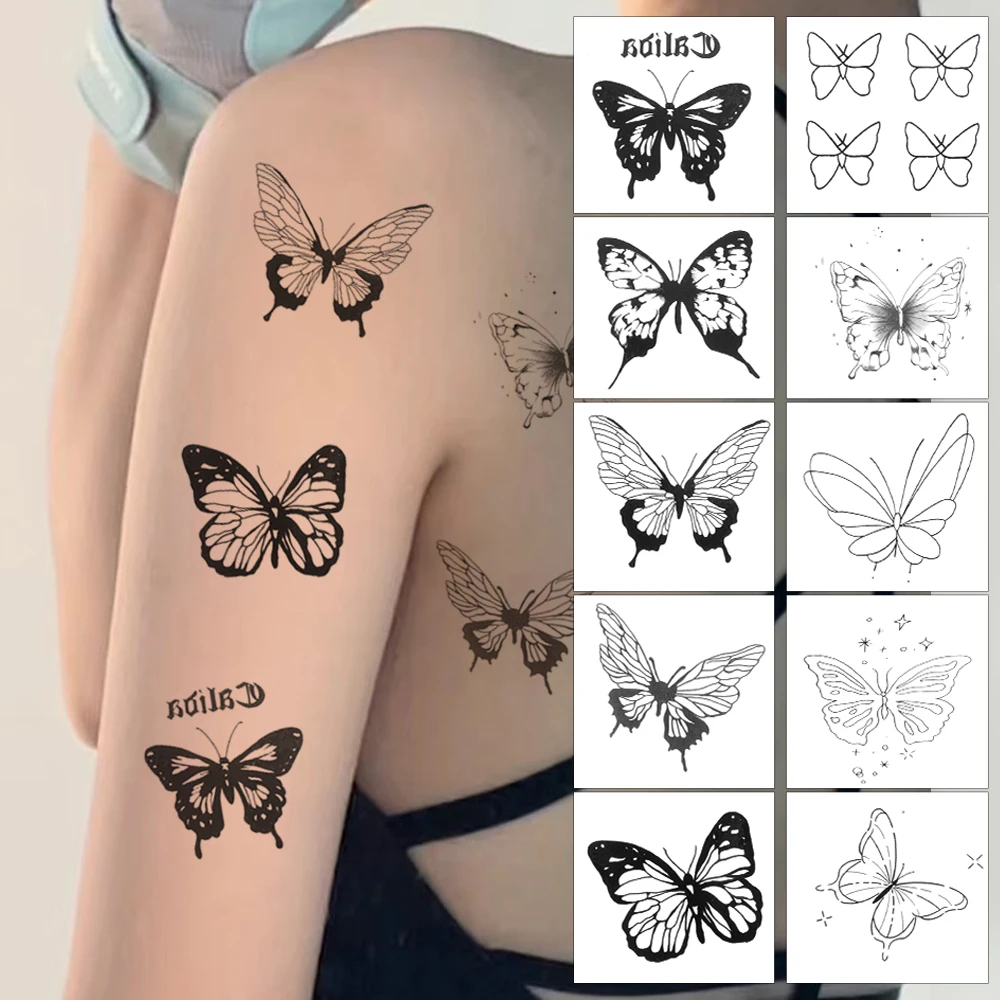 

Lasting Black Butterfly Waterproof Temporary Tattoo Sticker Disposable 3D Sexy Tattoos Decoration Neck for Women Men Fake Tattoo