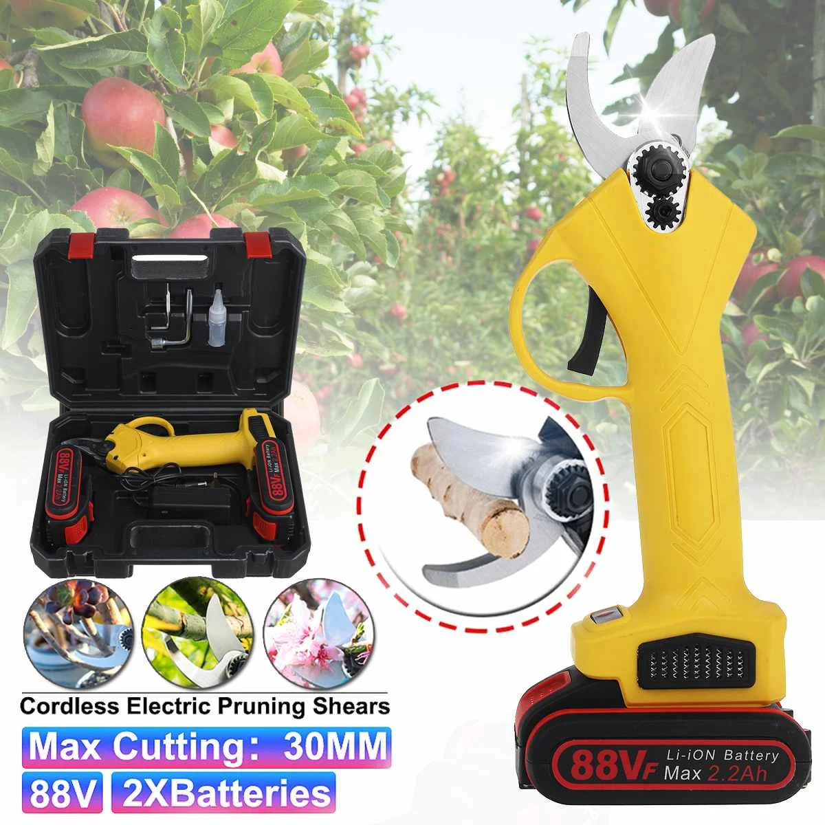 

30mm Cordless Electric Pruning Shears Secateur Pruner Electric Tree Branches Cutter Fruit Tree Bonsai Pruning 88VF Battery