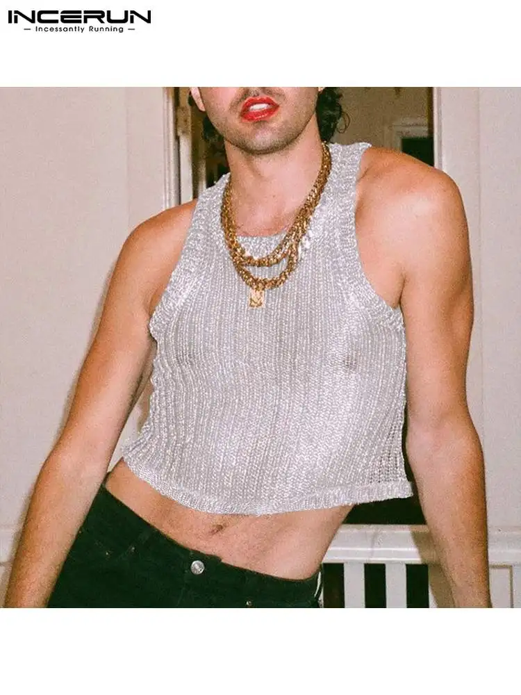 

Men Tank Tops Mesh O-neck Sleeveless Streetwear 2022 Sexy See Through Vests Men Shiny Party Nightclub Crop Tops S-5XL INCERUN