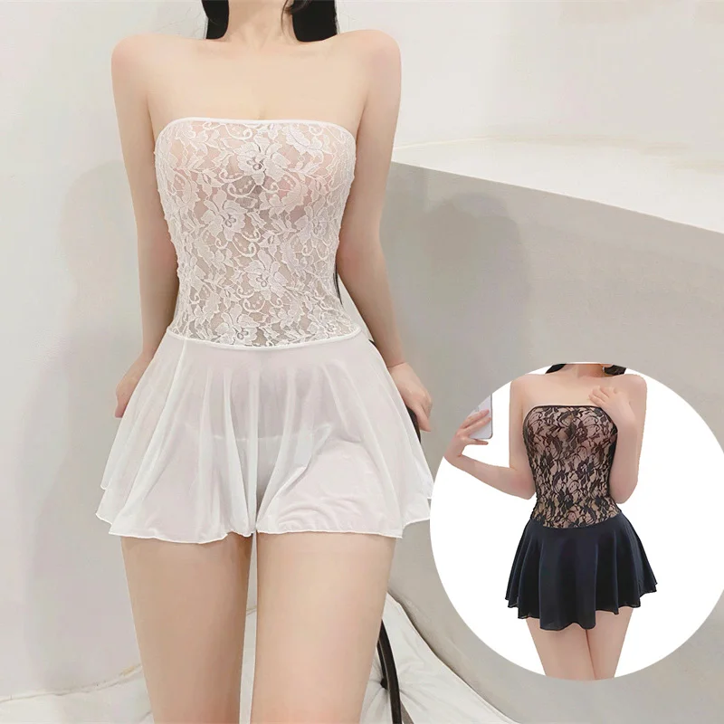 

Pleated Mini Dress Micro Ice Silk Lace Stitching Tube Top Dress Perspective Sexy A-Line Ruffled Dresses Tight Lingerie Thong