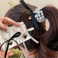 fashion rope scrunchie ponytail holder love bow double pearl hair rope elastic hair bands hair accessories for women