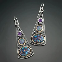 tribal triangle purple beads turquoise stone vintage dangle earrings for women gypsy jewelry two tone metal water drop earring