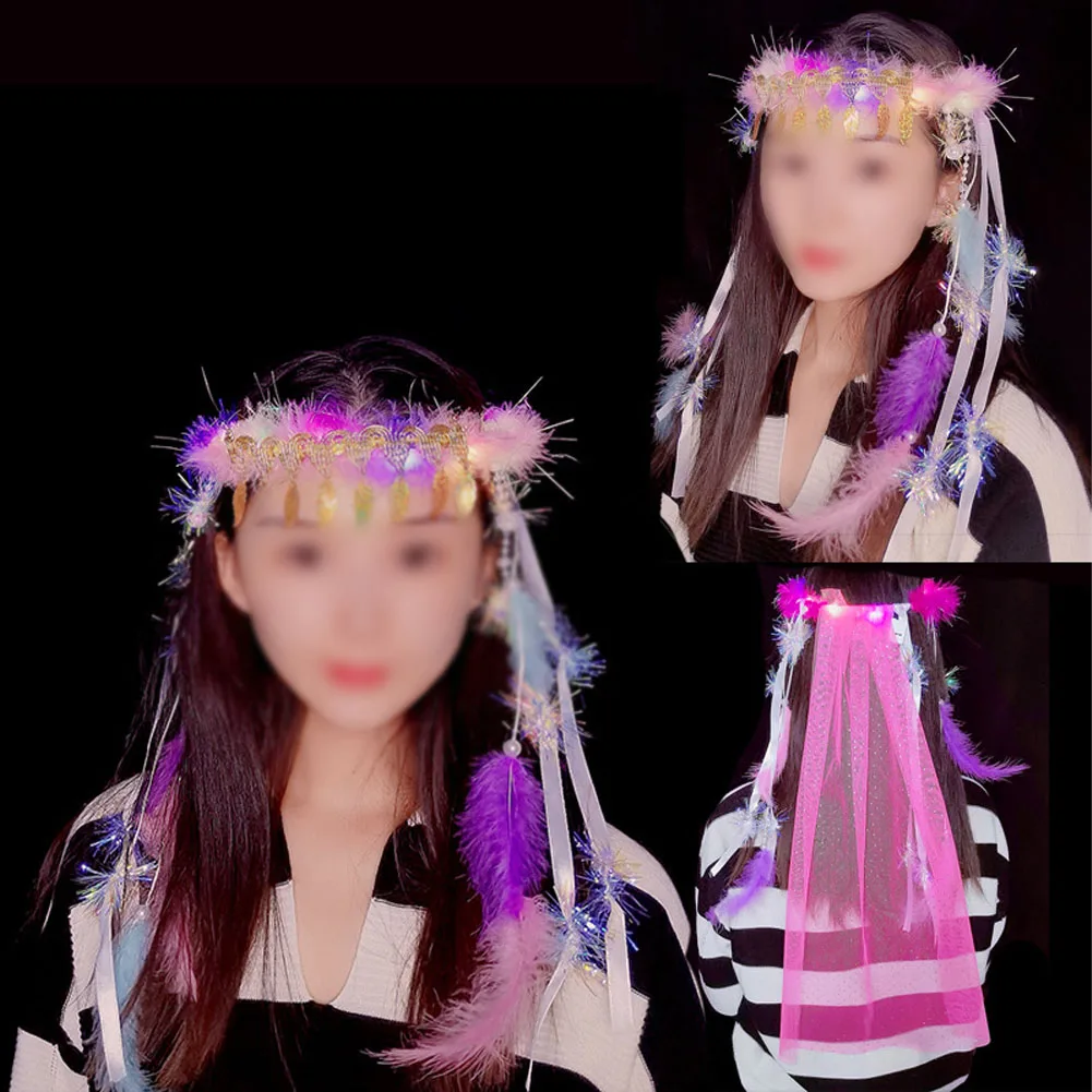 

LED Light Hair Hoop Glow Wreath Headband Feather Tassel Hair Veil Light Up Hair Crown Bride Veil Headdress