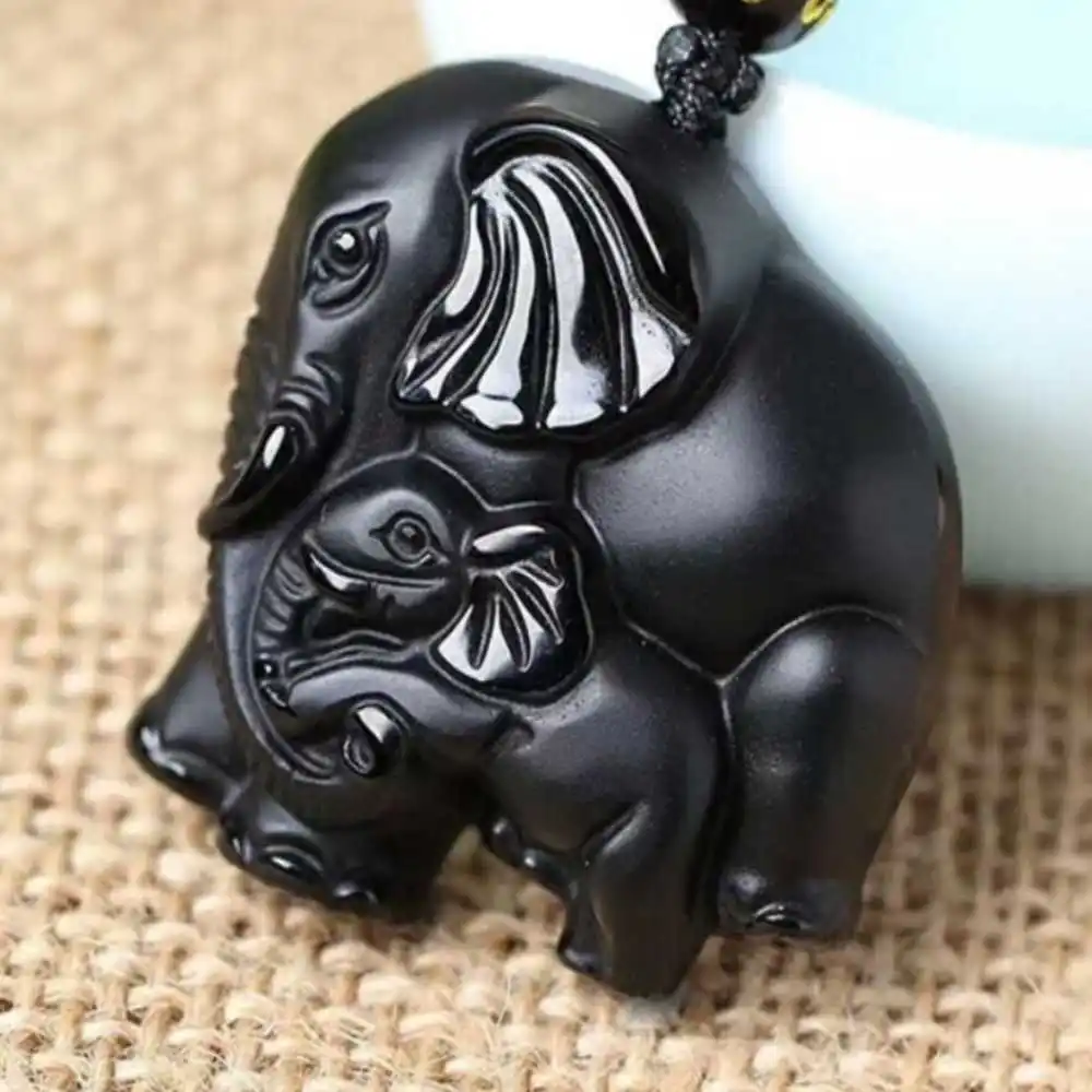 

Natural 100% Obsidian Mother Elephant Lucky Amulet Pendant Silver New Necklace Craft Wholesale Quartz Chain Cross Amulet