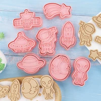 8 pcsset cartoon space astronaut biscuit mold 3d ufo plastic pressable kitchen accessories cookie decorating bakeware tools