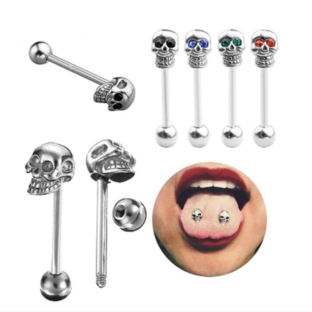 

2pcs Skull Tongue Ring for Women Men Punk Hiphop Stainless Steel Body Jewelry Crystal Barbell Tongue Stud Piercing Earrings