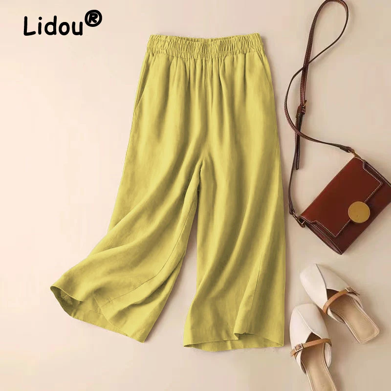 Брюки женские хлопково-льняные с широкими штанинами Модные Винтажные простые