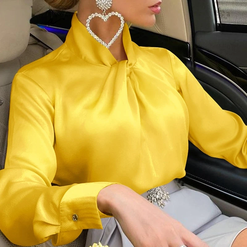 

Elegant Yellow Satin Blouses Autumn Twisted Collar Long Sleeves Shirts Women's 2022 Fashion Office Solid Color Tops