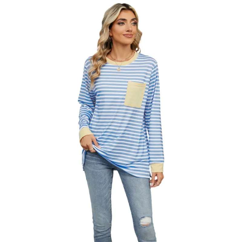 2024 T Shirts Spring New Striped Printed Vintage Casual Loose Pocket Daily Commuting Tee Long Sleeve O-neck Women's Pullover Top