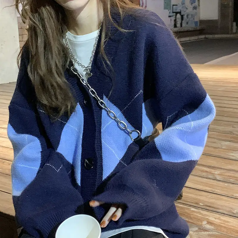 

Cardigan Women Geometric V-neck Long Sleeve Knitted Sweaters Baggy Korean Style Retro Leisure Students Ins Fall Elegant Vintage