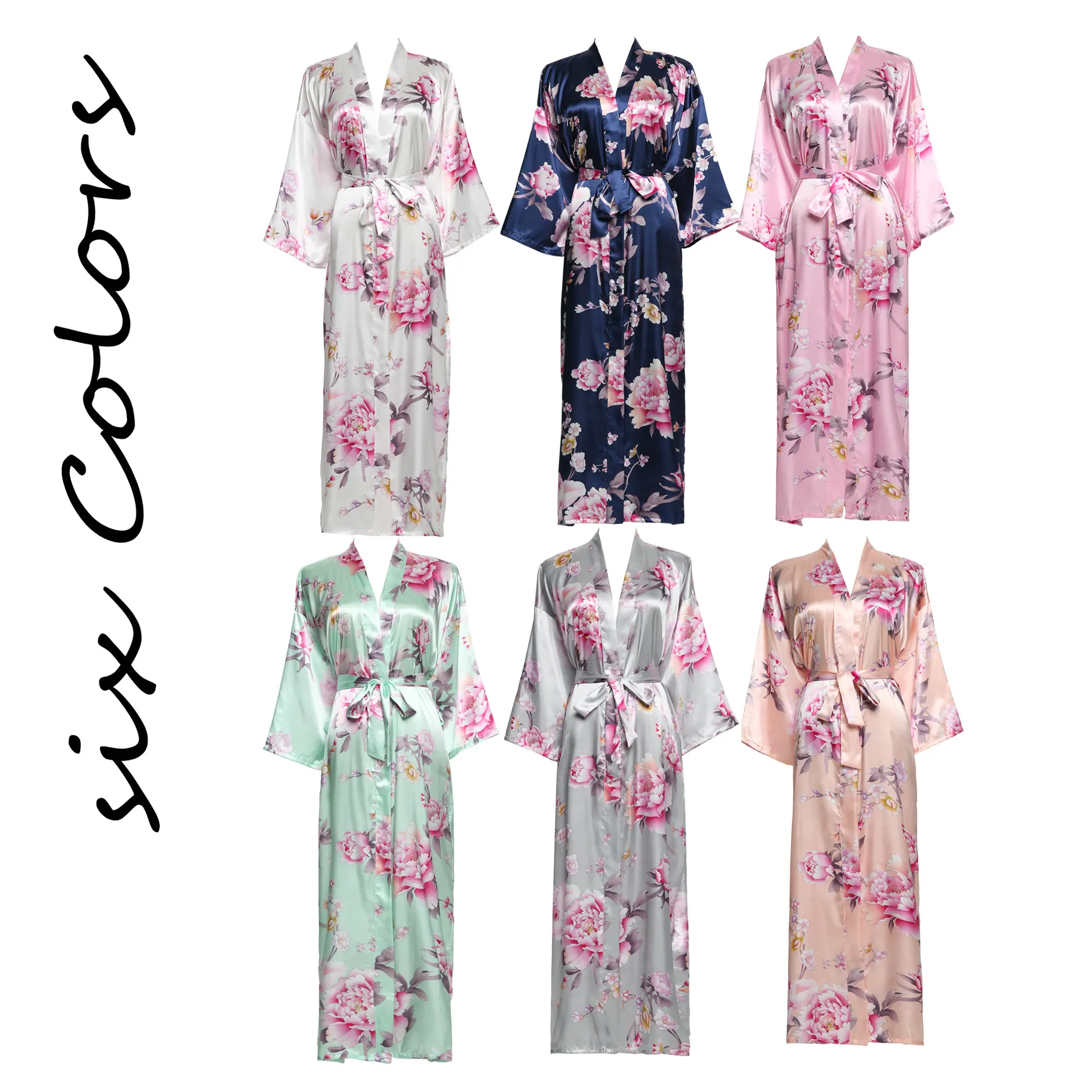 Peony Long Floral Robe Kimono Bridal Pure Satin Silk Bathrobe Night Dress Wedding Robes for Bridesmaids and Bride Sleepwear
