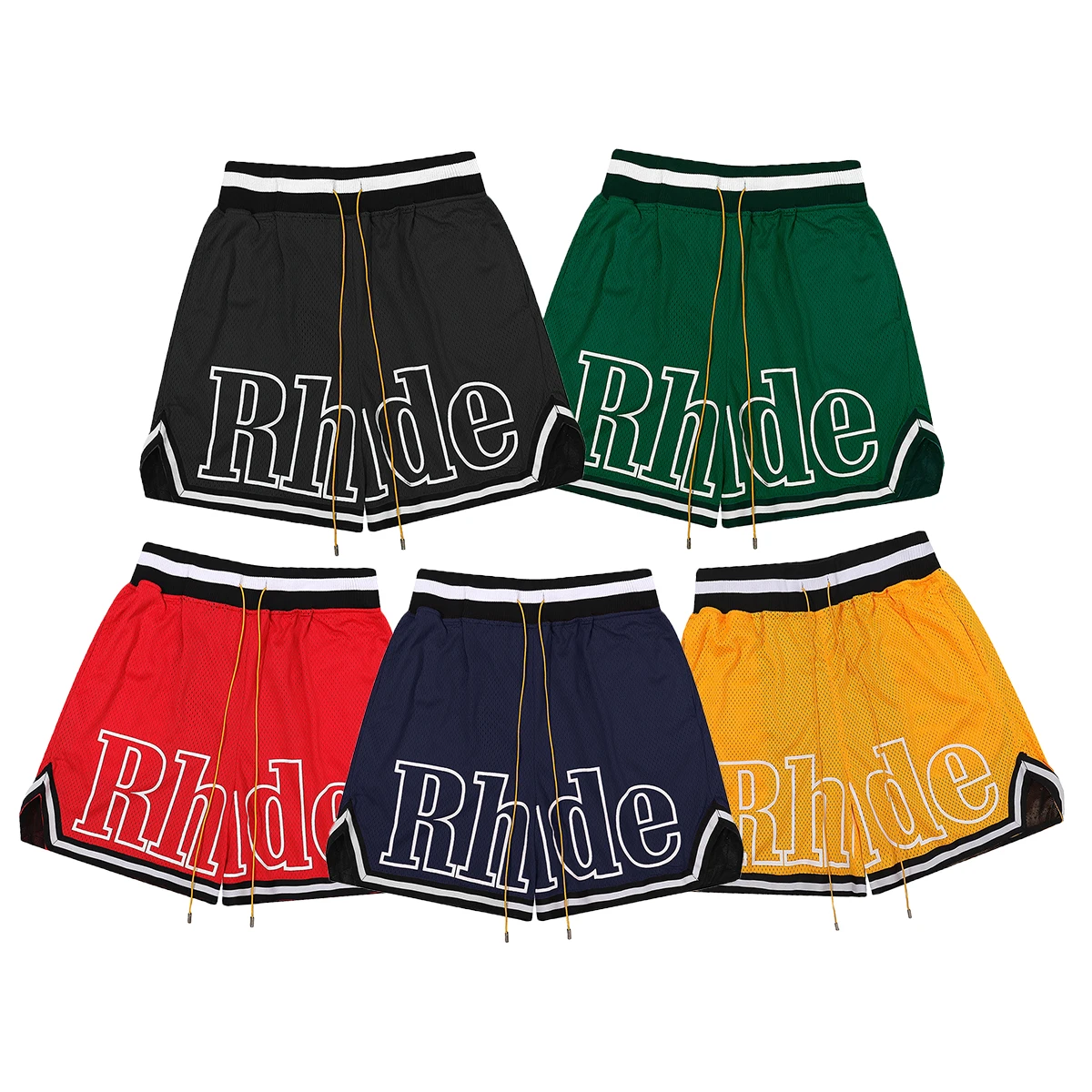 

RHUDE Casual Sport Mesh New Color Matching Large Logo Shorts Border Color Matching Women Men Shorts Five - Cent Pants