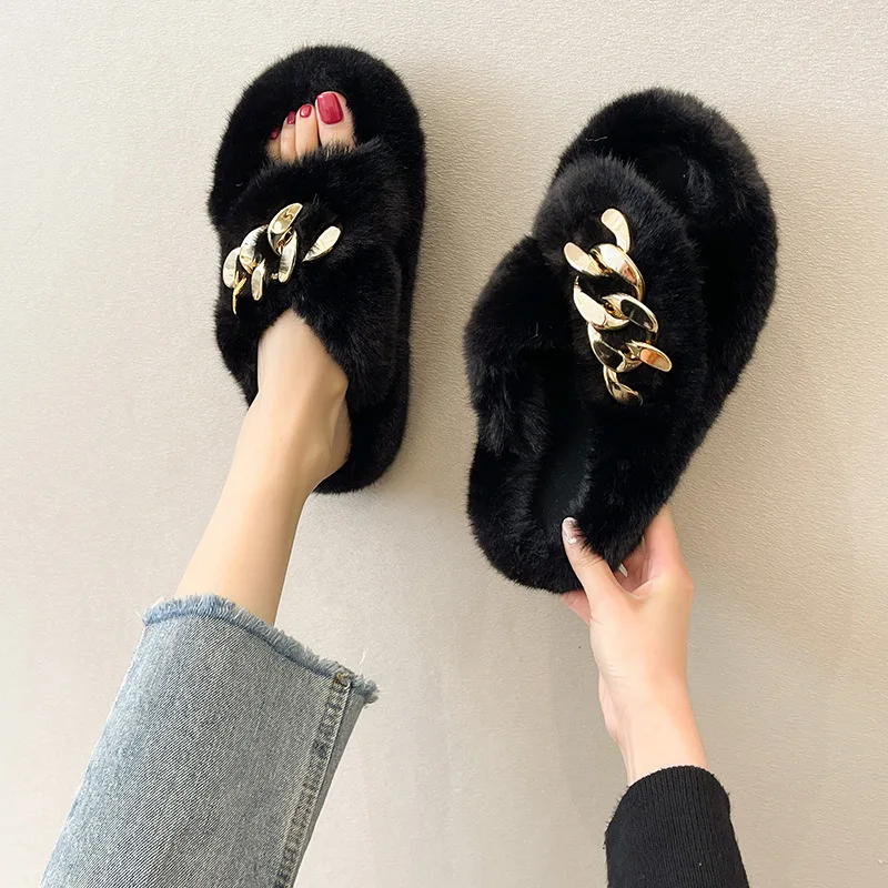 Woman Plush Slippers Summer Fashion Solid Color Fur Furry Slippers for Home Metal Chain Outdoor Casual Female Shoes Plus Size