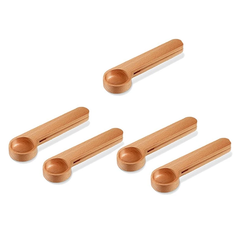 

5 Pcs Wooden Coffee Scoop and Bag Clip Measure Spoon 2-In-1 Bags Sealer Measuring Spoon for Beans,Espresso Coffee,Tea