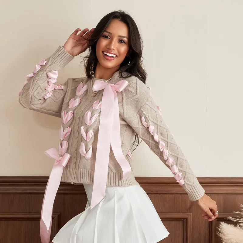 WPNAKS женский свитер с лентой осенняя зимняя одежда симпатичный пуловер круглым