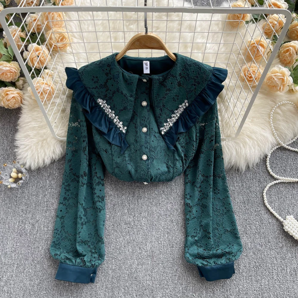 

Spring Shirt Female Design Sense of Minority Fungus Edge Diamond Doll Collar Age Reduction Versatile Sweet Lace Blouse Female