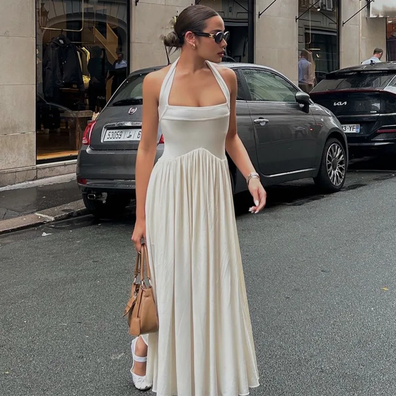 Летнее женское однотонное Плиссированное Платье макси с лямкой на шее