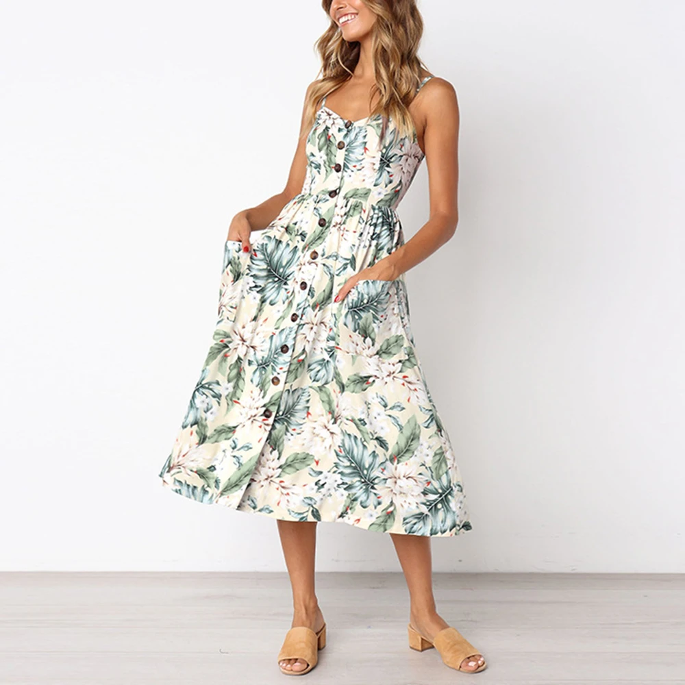 

Women Vintage Midi Dress Summer Sexy Sling Backless Sleeveless Button Striped Dot Print Dress Female Floral Beach Sundress Dress