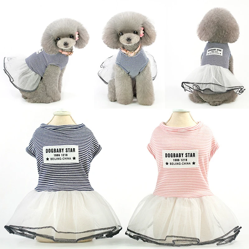 

Модная одежда для домашних животных, дышащие платья для собак, чихуахуа, Тедди, Классическая кружевная юбка в полоску, платье для щенков, кот...