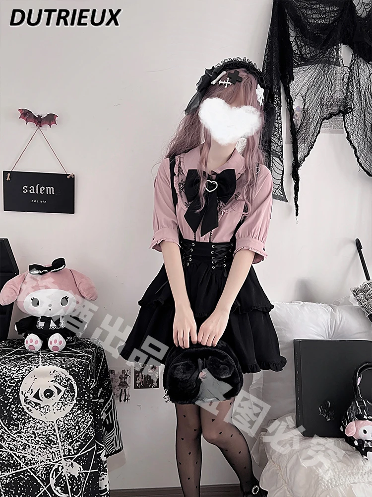 

Spring Summer New Sweet Bow Lace Flared Long Sleeve Pink Blouse Top Lolita Outer Wear Shirt Black Suspender Skirt Mine Skirt Set