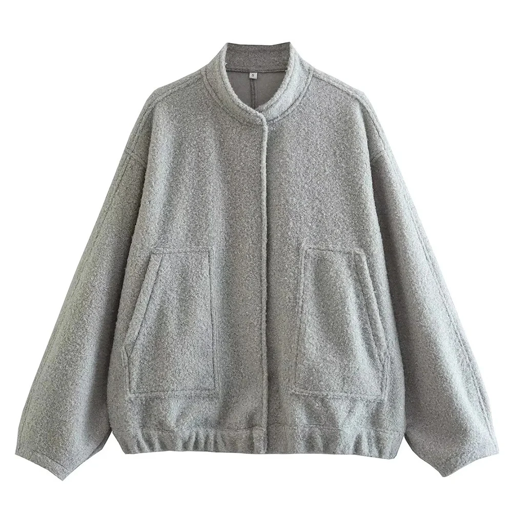 

Женская Повседневная куртка, однотонная свободная уличная куртка с воротником-стойкой и скрытыми пуговицами, пальто, топы, одежда