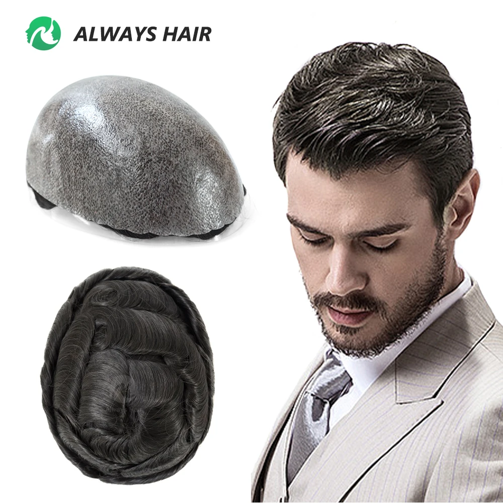 0.12-0.14mm PU Men Toupee Full Thickness Skin Indian Human Hair Men's Capillary Prothesis 130% Density Male Wig Free Shipping