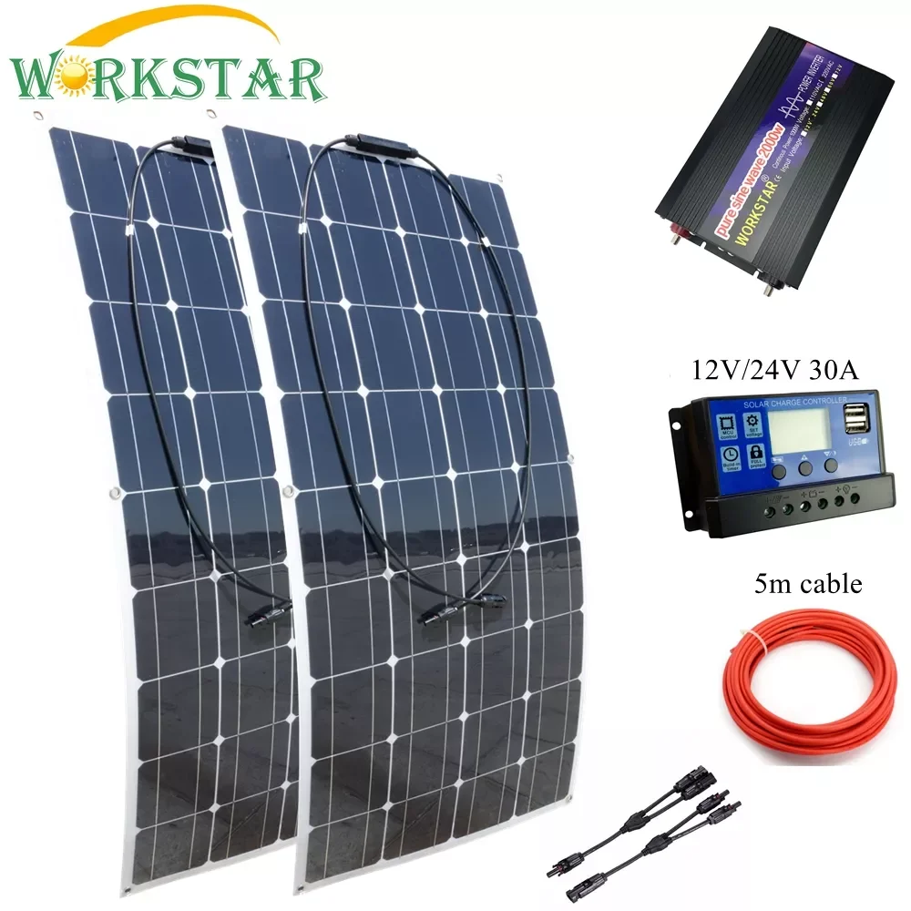 

2023New WORKSTAR 20V 100W Flexible Solar Panels 12V Solar Charger for RV/Boat Car 300w Solar System for Beginner Outdoor Solar C