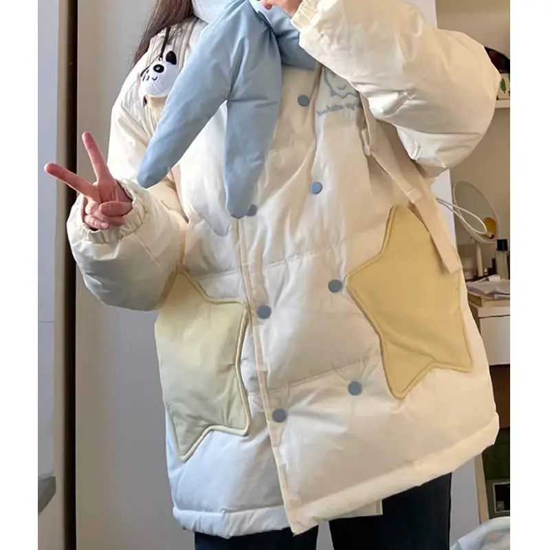 

The new winter 2023 colours cotton-padded jacket pocket clouds quilted line female stars removable scarf institute wind clothes