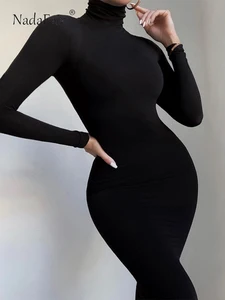 Соблазнительное женское платье Nadafair с длинным рукавом, водолазка, Осень-зима, однотонное, повседневное, базовое, черное, белое, облегающее, тонкое Макси-платье для женщин