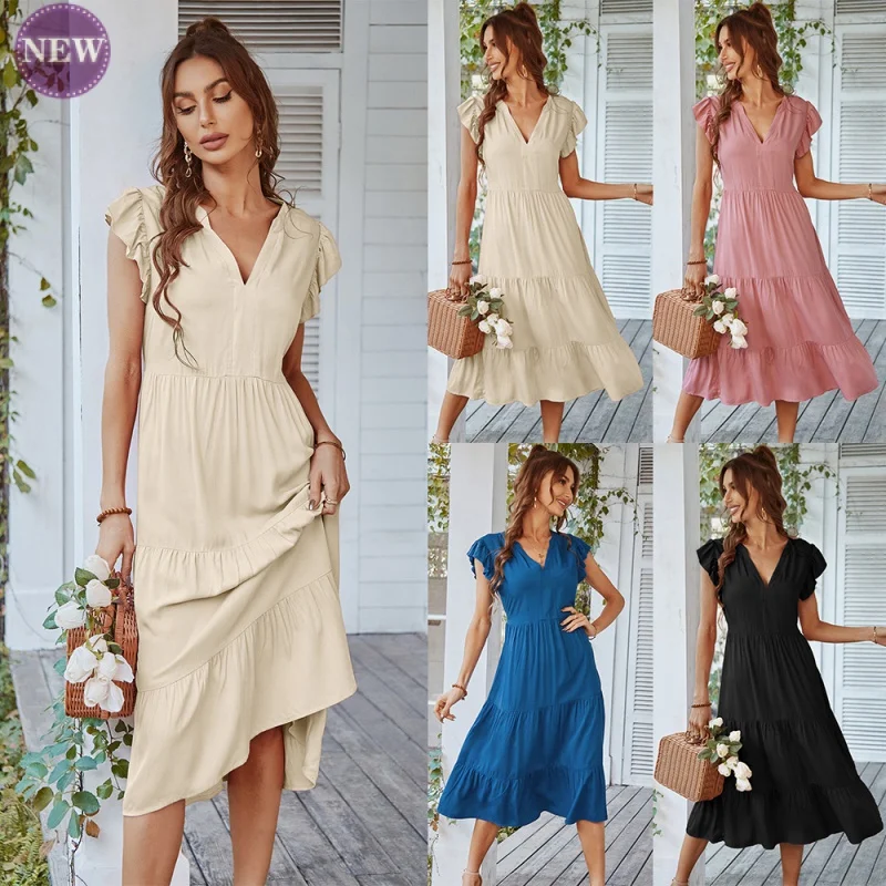 

Fashion Sexy Dress V-neck Ruffled Sleeve Solid Color 2023 Spring and Summer Leisure Holiday A- line Skirt