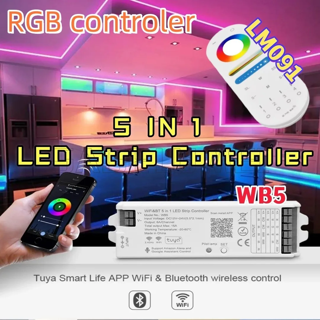 Фото WB5 LM091 WiFi Bluetooth 5 в 1 светодиодный контроллер Smart Life APP или Tuya Smart APP для управления RGB RGBW CCT Диммер светодиодных лент Дистанционное управление №1