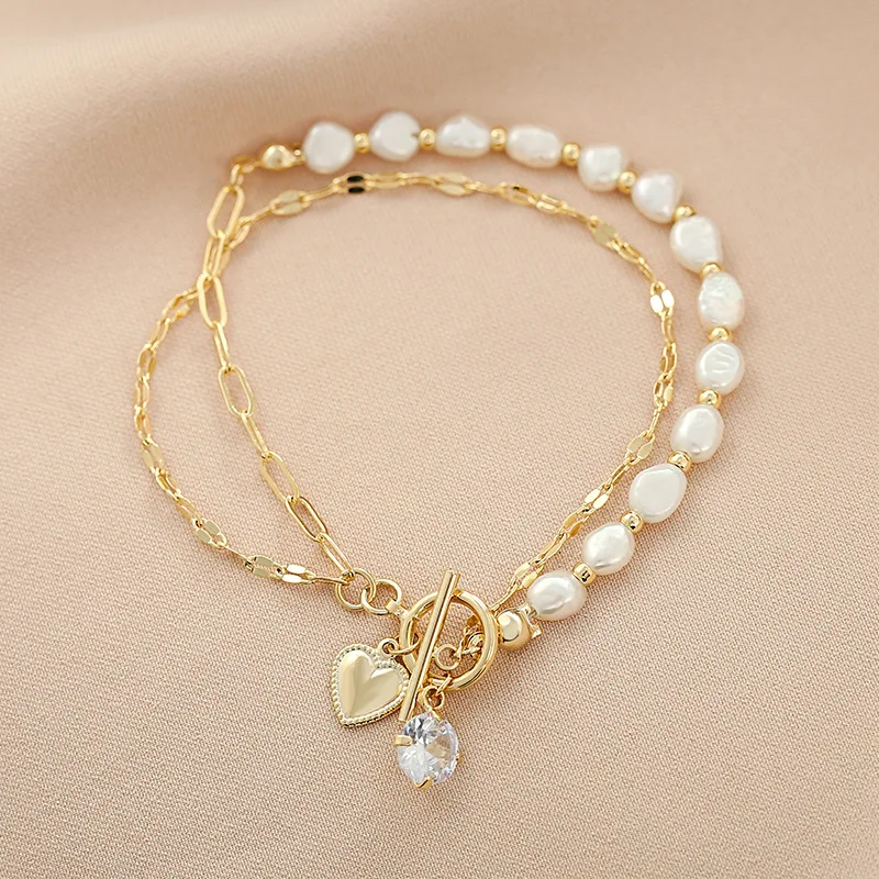 

Женский браслет с пресноводным жемчугом, корейский бижутерия, украшение для рук, браслет двойного дизайна, аксессуары для женщин