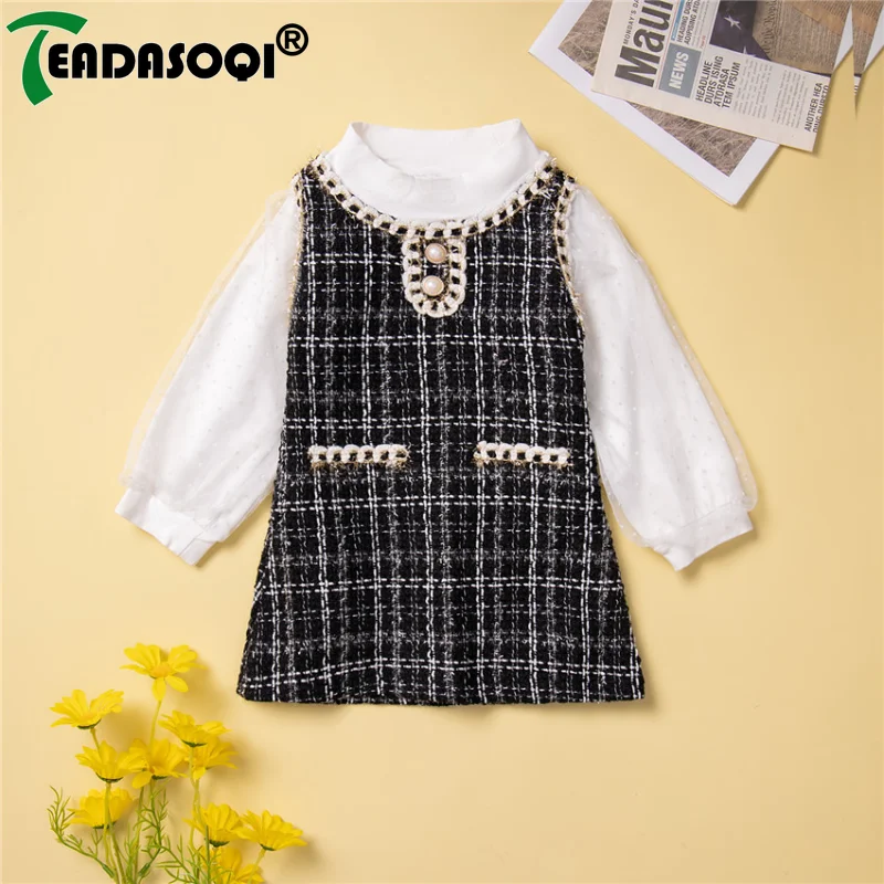 Детское платье для девочек весна-осень длинный клетчатый пуловер с пышными