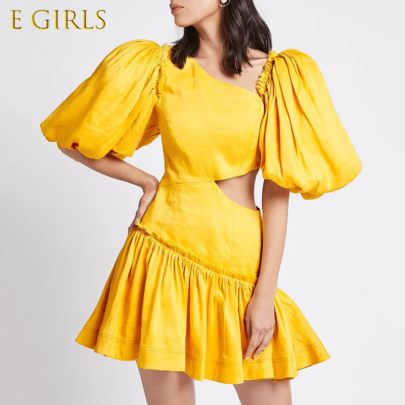 

J GIRLS Yellow Elegant Dress For Women Diagonal Collar Puff Sleeve High Waist Hollow Out A Line Mini Dresses Female Clothes